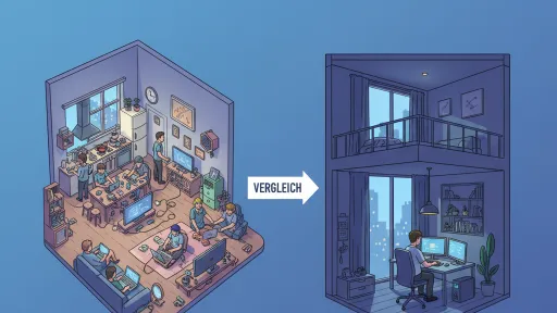 Links viele Menschen im Raum, rechts eine Person allein am Schreibtisch.