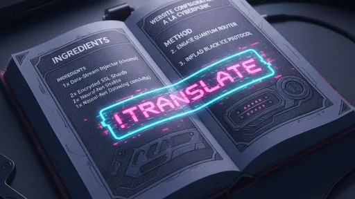 Offenes Buch mit leuchtendem &quot;Translate&quot;-Schriftzug, umgeben von Elektronik.