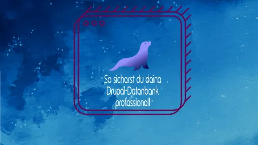 Lila Robbe und Text auf blauem Hintergrund, Grafikdesign.