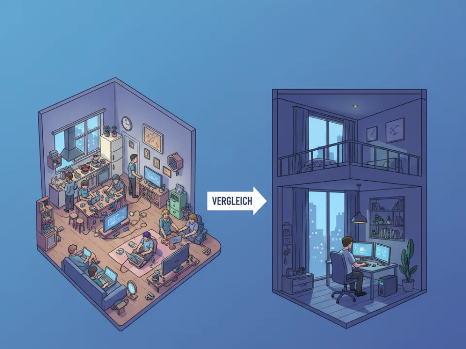 Links viele Menschen im Raum, rechts eine Person allein am Schreibtisch.