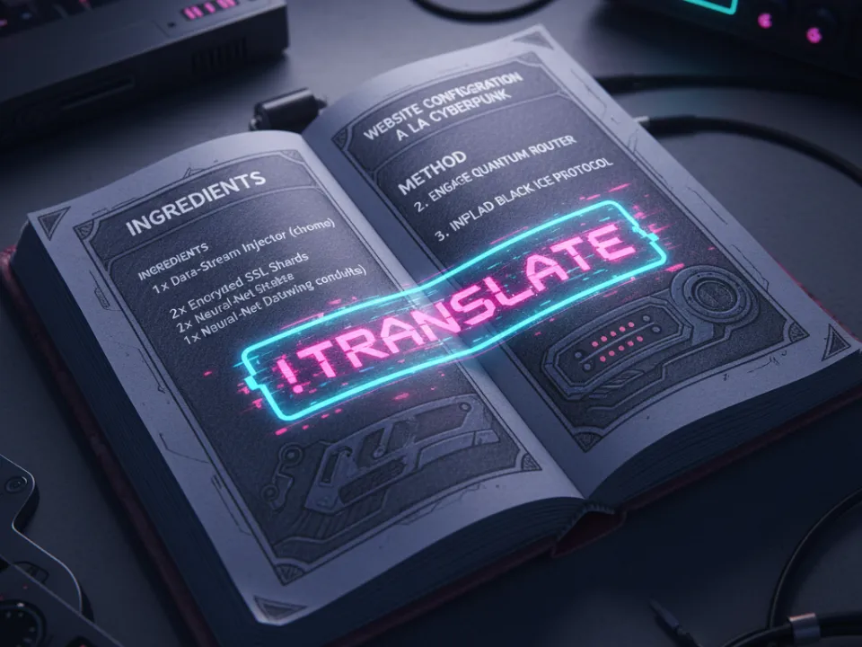 Offenes Buch mit leuchtendem &quot;Translate&quot;-Schriftzug, umgeben von Elektronik.